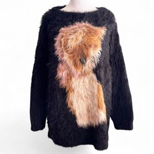 Fuzzy Black Sweater with Animal Design